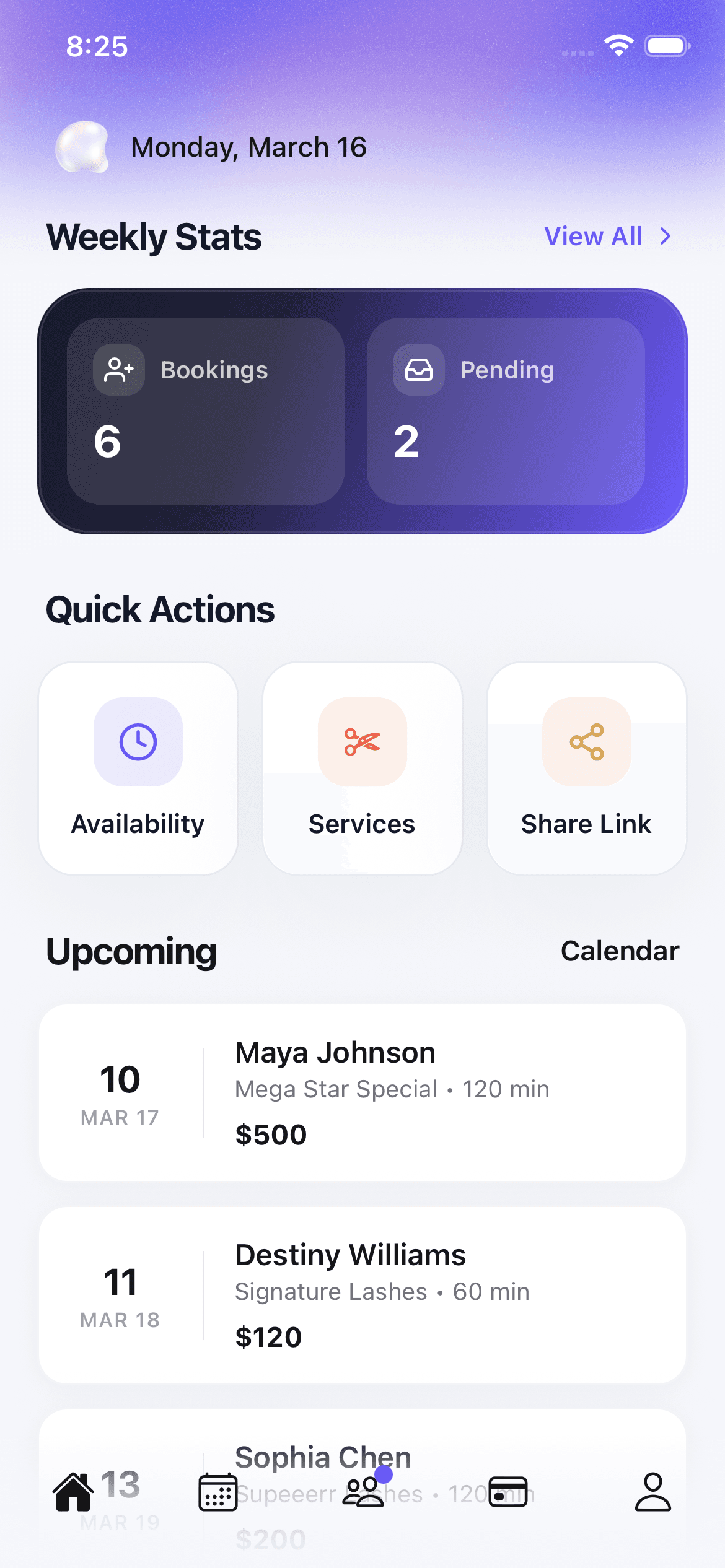 Aestra app dashboard showing bookings, weekly stats, and upcoming appointments
