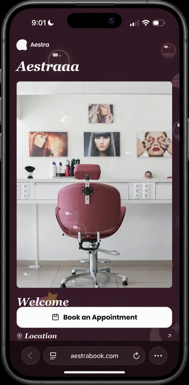 A live Aestra booking page open in the browser on a phone, with a Book an Appointment button