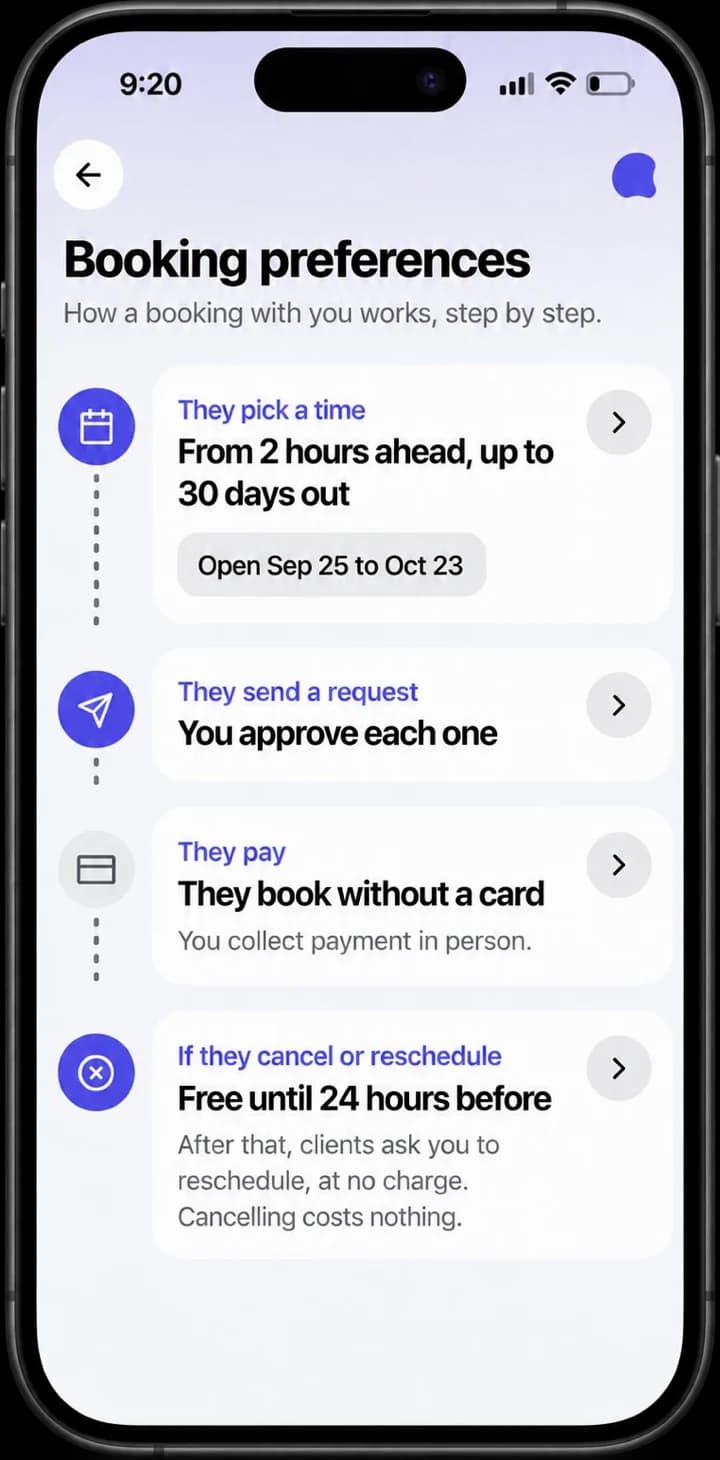 Booking preferences in the Aestra app: how far ahead clients can book, approvals, payment, and cancellation terms