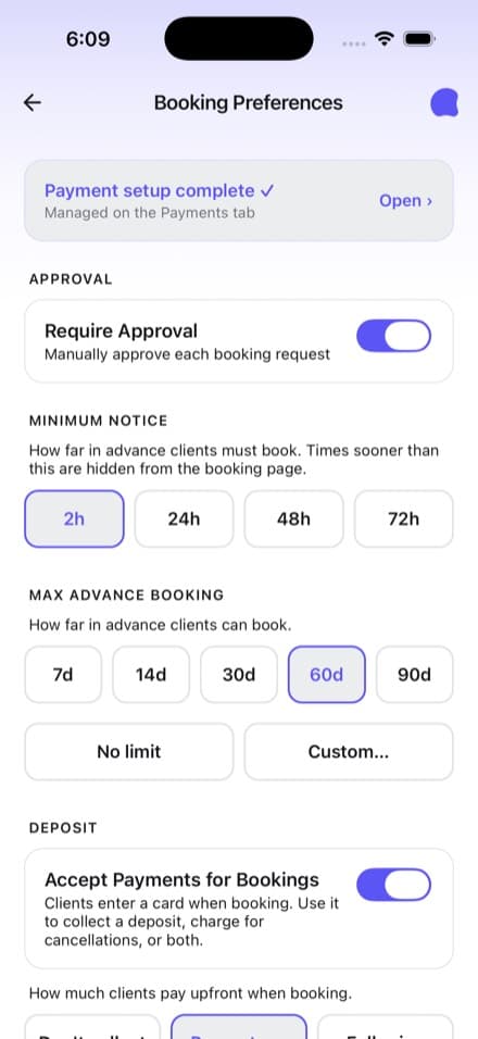 Booking preferences in the Aestra app, with Require Approval switched on above minimum notice limits, advance booking limits, and the setting for taking payment at booking